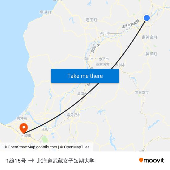 1線15号 to 北海道武蔵女子短期大学 map