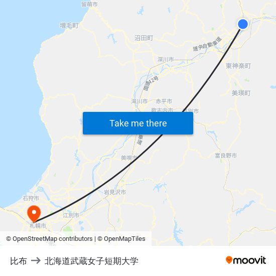 比布 to 北海道武蔵女子短期大学 map