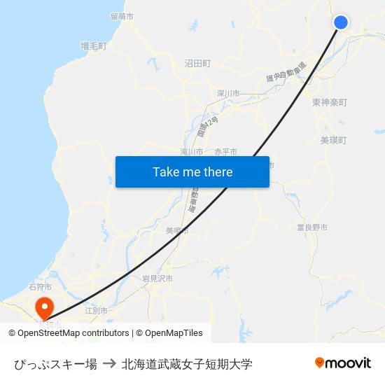 ぴっぷスキー場 to 北海道武蔵女子短期大学 map