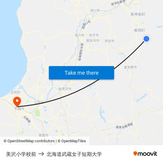 美沢小学校前 to 北海道武蔵女子短期大学 map