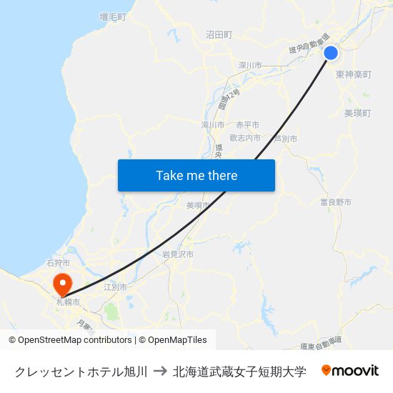 クレッセントホテル旭川 to 北海道武蔵女子短期大学 map