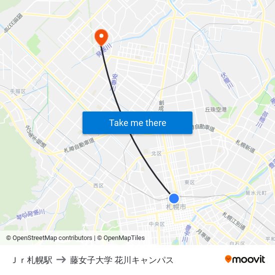 Ｊｒ札幌駅 to 藤女子大学 花川キャンパス map