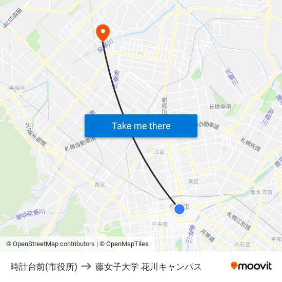 時計台前(市役所) to 藤女子大学 花川キャンパス map