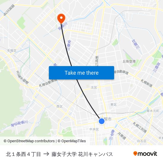 北１条西４丁目 to 藤女子大学 花川キャンパス map