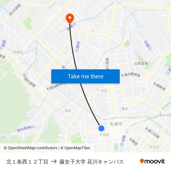 北１条西１２丁目 to 藤女子大学 花川キャンパス map