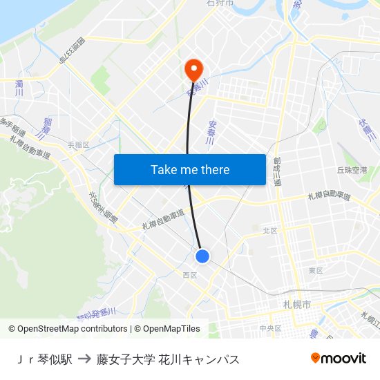 Ｊｒ琴似駅 to 藤女子大学 花川キャンパス map