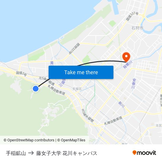 手稲鉱山 to 藤女子大学 花川キャンパス map