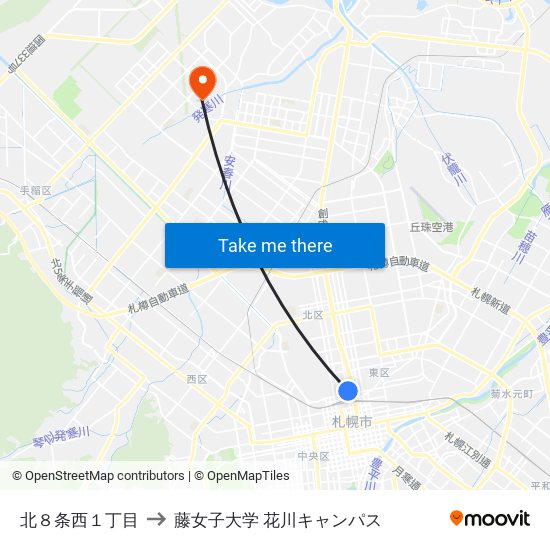 北８条西１丁目 to 藤女子大学 花川キャンパス map