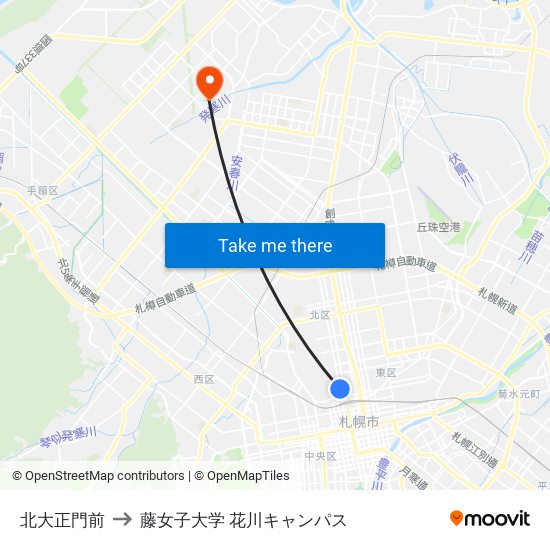 北大正門前 to 藤女子大学 花川キャンパス map