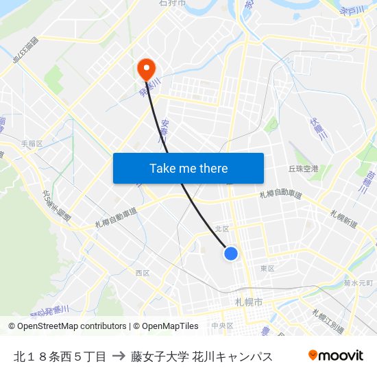 北１８条西５丁目 to 藤女子大学 花川キャンパス map