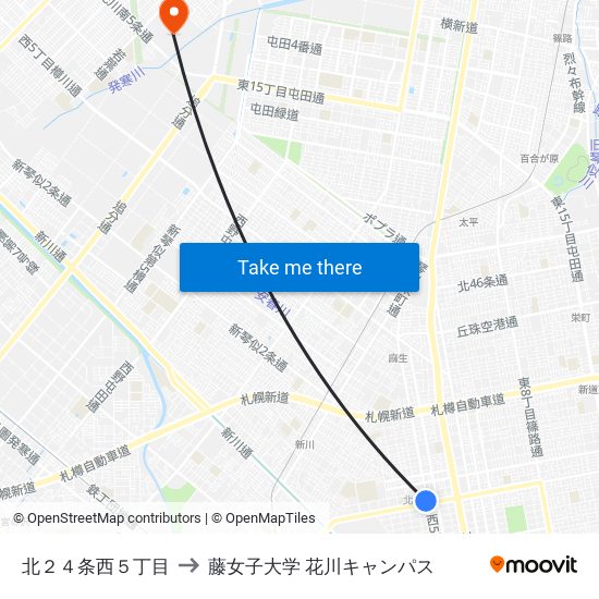 北２４条西５丁目 to 藤女子大学 花川キャンパス map