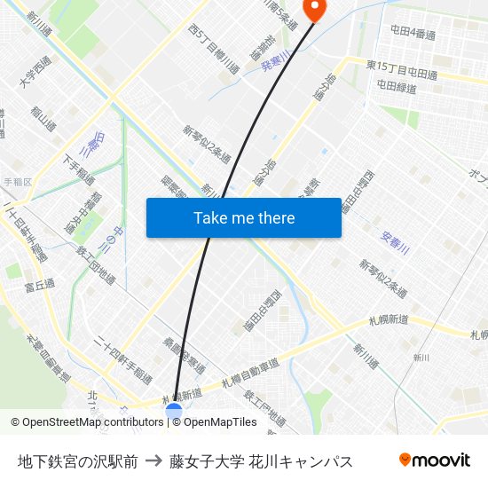 地下鉄宮の沢駅前 to 藤女子大学 花川キャンパス map