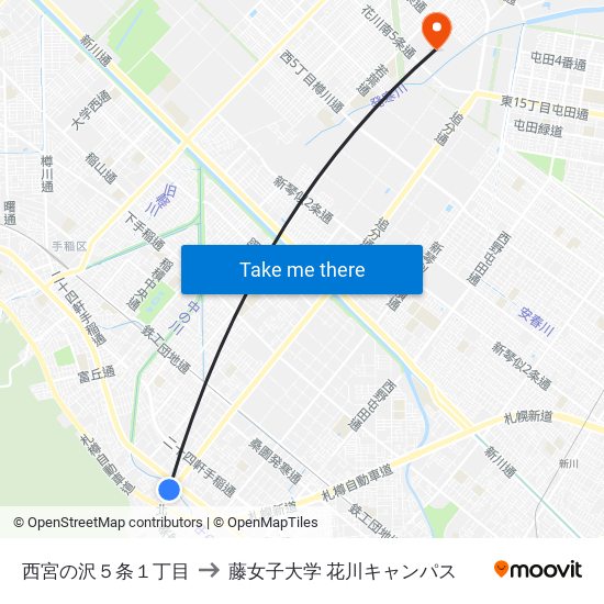西宮の沢５条１丁目 to 藤女子大学 花川キャンパス map