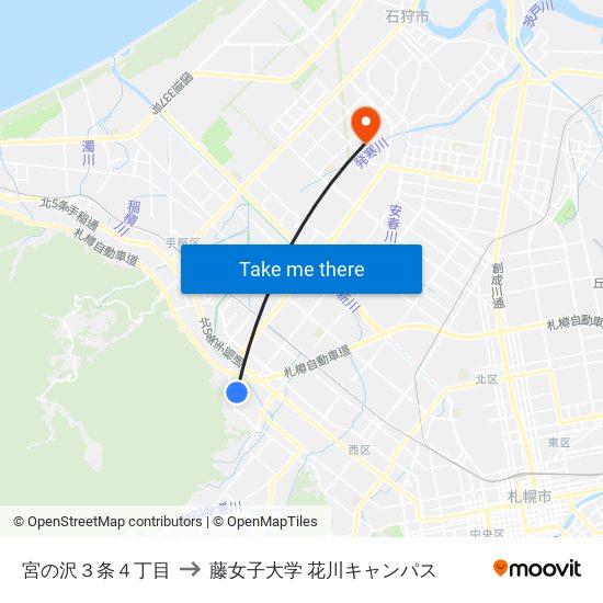 宮の沢３条４丁目 to 藤女子大学 花川キャンパス map