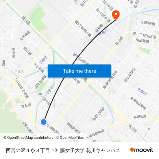 西宮の沢４条３丁目 to 藤女子大学 花川キャンパス map