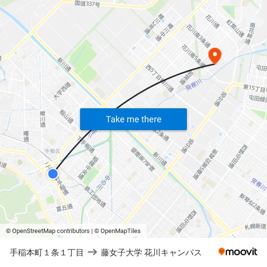 手稲本町１条１丁目 to 藤女子大学 花川キャンパス map