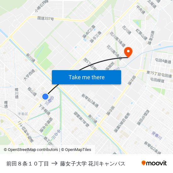 前田８条１０丁目 to 藤女子大学 花川キャンパス map