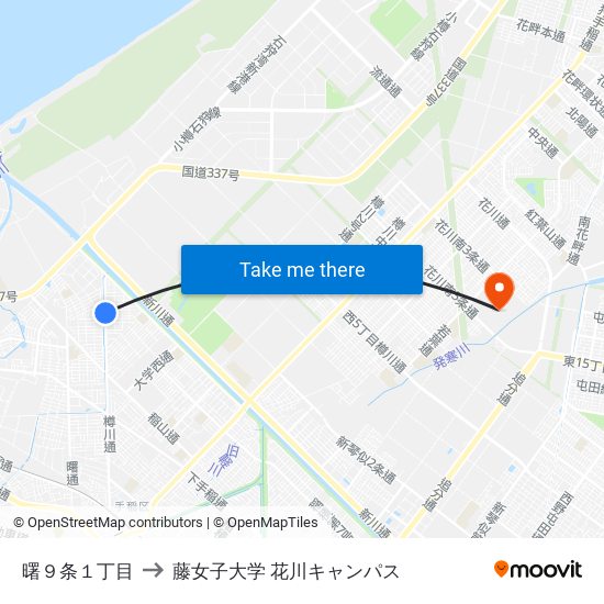 曙９条１丁目 to 藤女子大学 花川キャンパス map