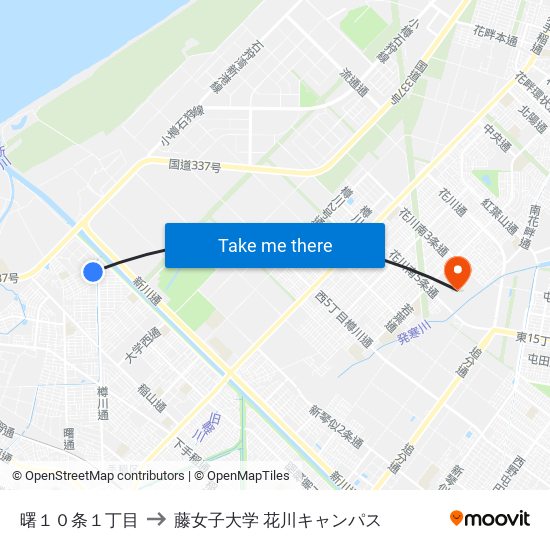 曙１０条１丁目 to 藤女子大学 花川キャンパス map