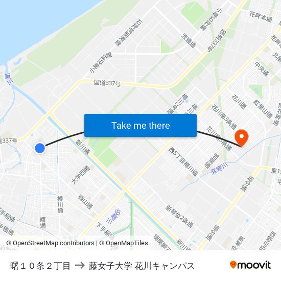 曙１０条２丁目 to 藤女子大学 花川キャンパス map