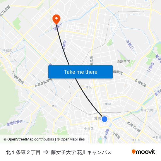 北１条東２丁目 to 藤女子大学 花川キャンパス map