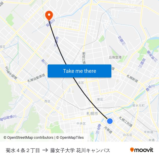 菊水４条２丁目 to 藤女子大学 花川キャンパス map