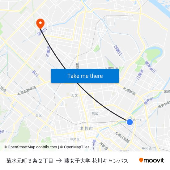 菊水元町３条２丁目 to 藤女子大学 花川キャンパス map