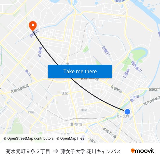 菊水元町９条２丁目 to 藤女子大学 花川キャンパス map