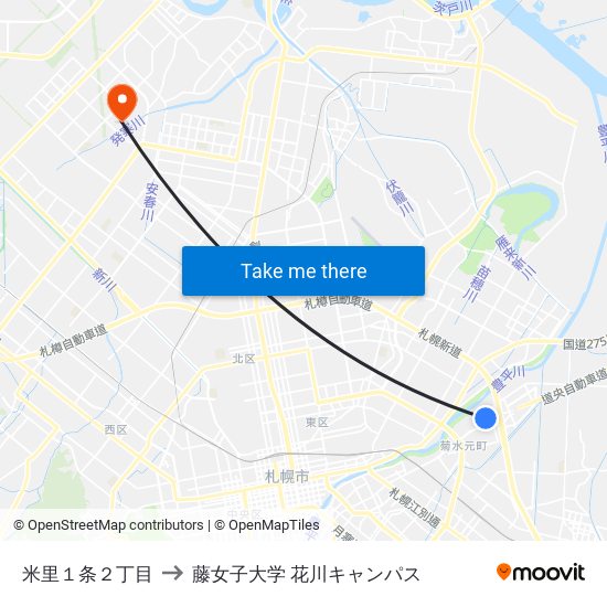 米里１条２丁目 to 藤女子大学 花川キャンパス map