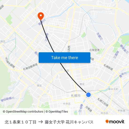 北１条東１０丁目 to 藤女子大学 花川キャンパス map