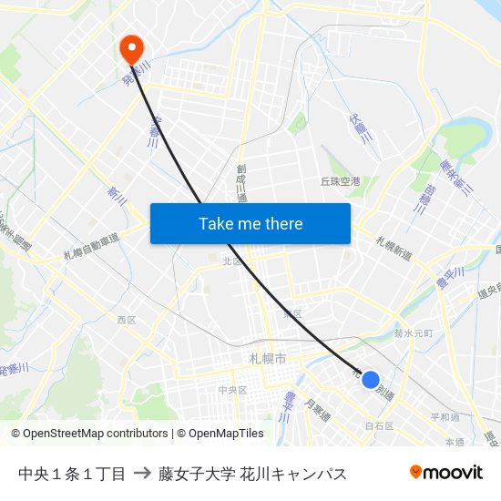 中央１条１丁目 to 藤女子大学 花川キャンパス map