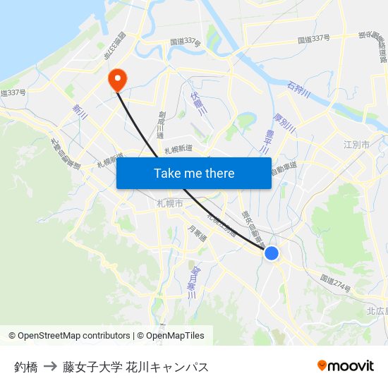 釣橋 to 藤女子大学 花川キャンパス map