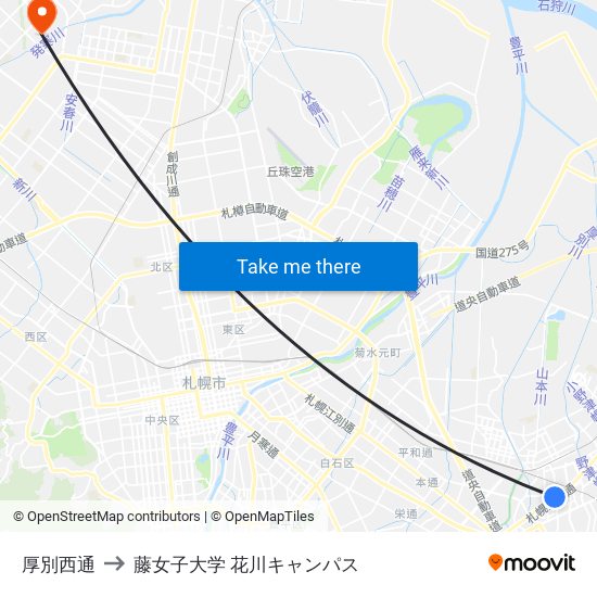 厚別西通 to 藤女子大学 花川キャンパス map