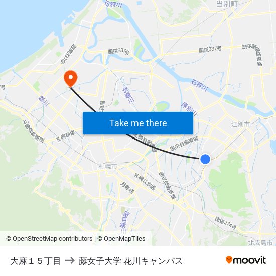 大麻１５丁目 to 藤女子大学 花川キャンパス map