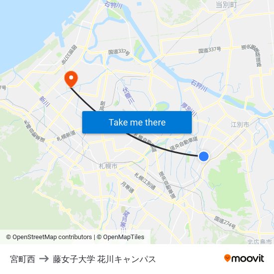 宮町西 to 藤女子大学 花川キャンパス map