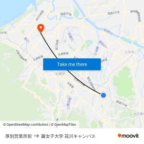 厚別営業所前 to 藤女子大学 花川キャンパス map