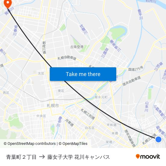 青葉町２丁目 to 藤女子大学 花川キャンパス map