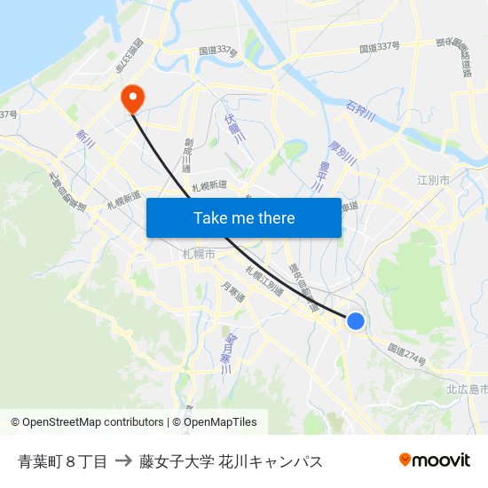 青葉町８丁目 to 藤女子大学 花川キャンパス map