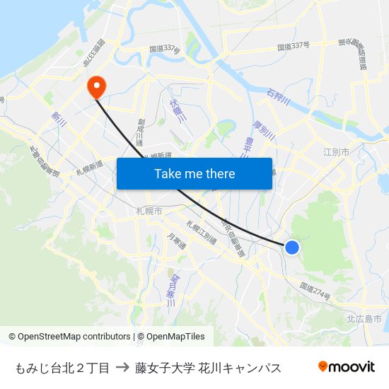 もみじ台北２丁目 to 藤女子大学 花川キャンパス map