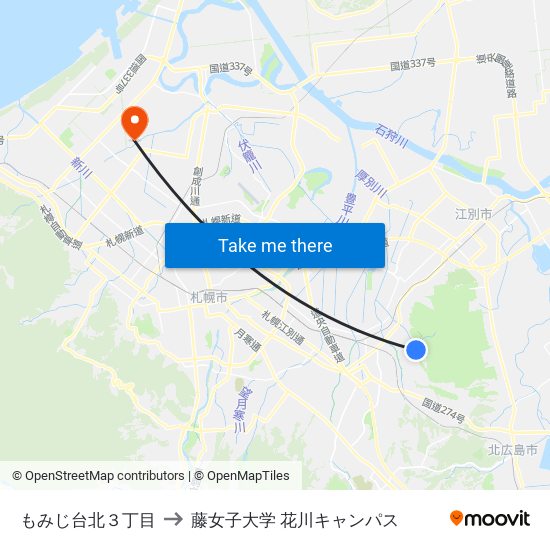もみじ台北３丁目 to 藤女子大学 花川キャンパス map