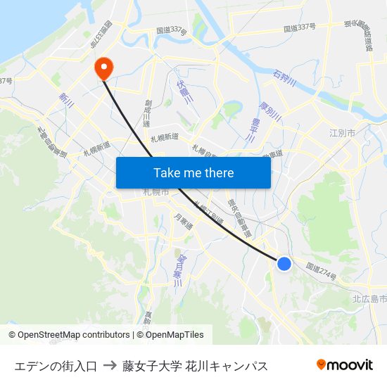 エデンの街入口 to 藤女子大学 花川キャンパス map