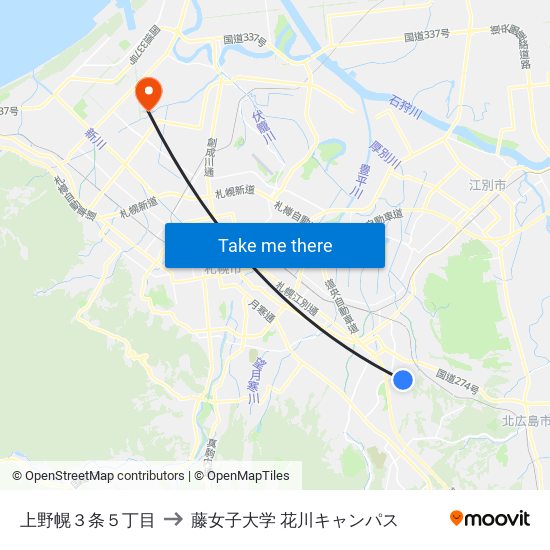 上野幌３条５丁目 to 藤女子大学 花川キャンパス map