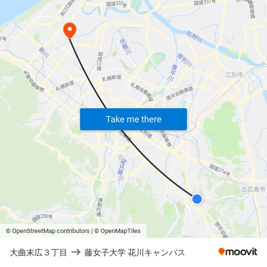 大曲末広３丁目 to 藤女子大学 花川キャンパス map