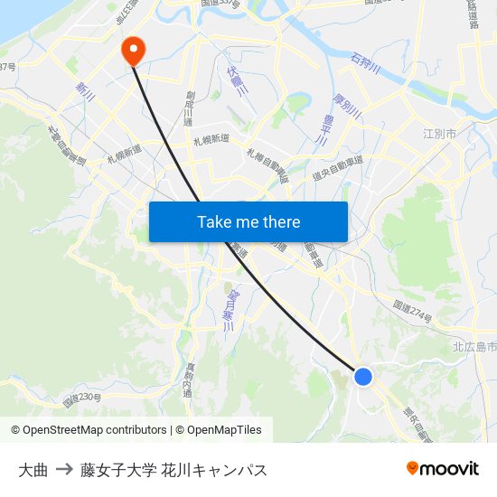 大曲 to 藤女子大学 花川キャンパス map