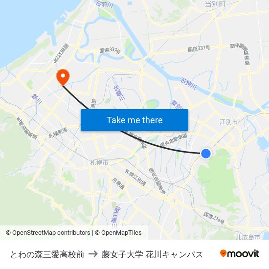 とわの森三愛高校前 to 藤女子大学 花川キャンパス map