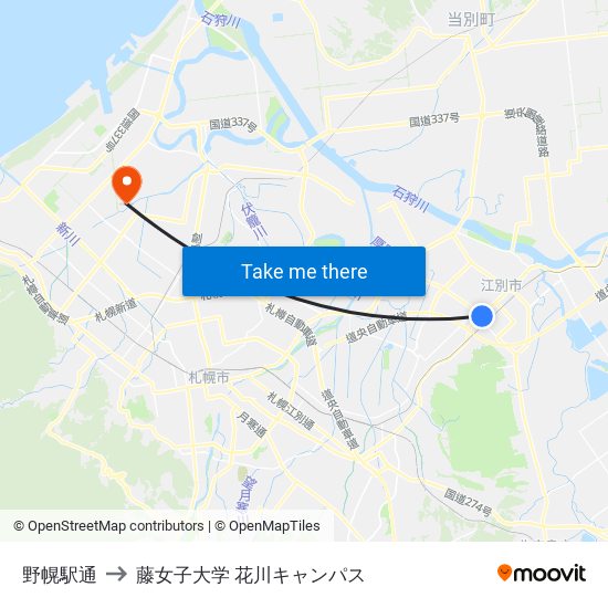 野幌駅通 to 藤女子大学 花川キャンパス map