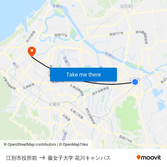 江別市役所前 to 藤女子大学 花川キャンパス map