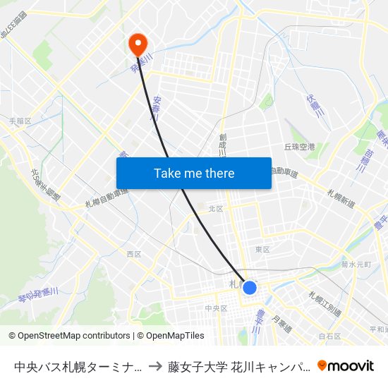 中央バス札幌ターミナル to 藤女子大学 花川キャンパス map