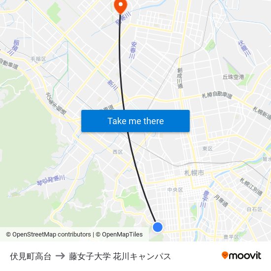 伏見町高台 to 藤女子大学 花川キャンパス map