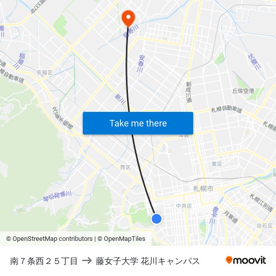 南７条西２５丁目 to 藤女子大学 花川キャンパス map